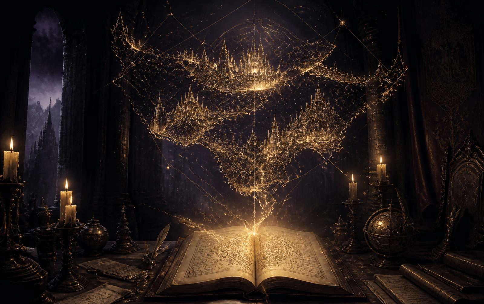 A candlelit desk where an illuminated manuscript projects a glowing constellation map of a kingdom